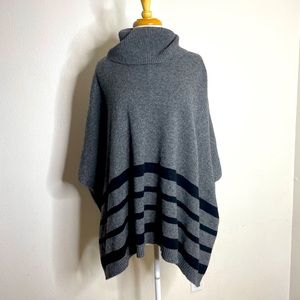 TAHARI Gray Black Striped Wool Yak Hair Cowl Neck Poncho Sweater Womens M Comfy
